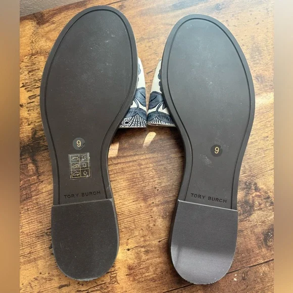 Tory Burch Floral Slide Sandals Size 9 Logo Hardware Burgundy Leather - Picture 4 of 5